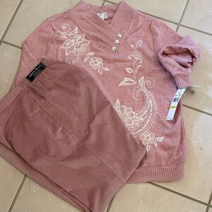 Chic Pink Embroidered Women's Sweater with Corduroy Slacks 12 Short